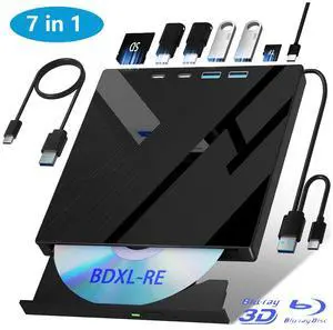 IHDAPP [7 in 1] External Blu Ray Drive, External Blu-ray CD DVD Drive for PC with SD/TF Port Blu Ray Burner, Support 100G Disc R/W for PC External Blu Ray Drive for Windows Linux MacOS Laptop Desktops
