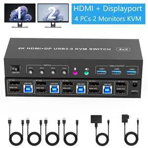 IHDAPP HDMI DisplayPort KVM Switch 4 Computer 2 Monitors,  4K@60Hz Dual Monitor KVM Switch 4 Port for 4 PCs Share 2 Monitors -3 USB 3.0 Ports for Keyboard Mouse Printer, with Audio Microphone Output