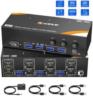 IHDAPP HDMI + 2 Displayport USB 3.0 KVM Switch 3 Monitors 3 PCs, 3 in 3 Out KVM Switch Triple Monitor 8K@60Hz 4K@144Hz for 3 Computers Share 4 USB Devices Mouse Keyboard, Power Adapter, Wired Remote