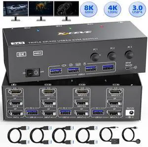 IHDAPP KVM Switch 3 Monitors 3 Computers 8K@60Hz 4K@144Hz, HDMI + 2 Dispalyport Triple Monitor KVM Switches with 4 USB 3.0 Ports, Support Extended/Mirror Mode, with Wired Controller and USB 3.0 Cables