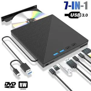 IHDAPP 7 in 1 External DVD Drive with 4 USB Ports & SD/TF Slots, USB 3.0 & Type-C External CD/DVD Drive for Laptop, Portable CD/DVD +/-RW Disk Drive, CD/DVD Burner CD ROM External Drive for Desktop PC