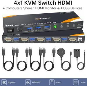 IHDAPP 4 Ports HDMI KVM Switch 1 Monitor 4 Computers 8K@60Hz, 4K@144Hz HDMI USB 3.0 KVM Switch 4 in 1 Out for 4 Computer Share 1 Monitor, Keyboard Mouse (4x USB 3.0), with Power Adapter & Wired Remote