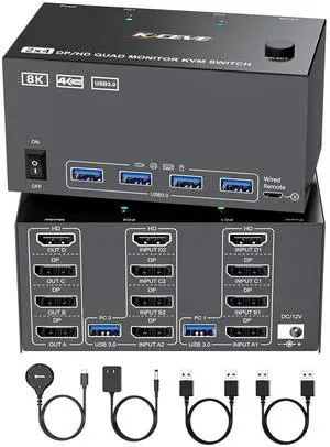 IHDAPP KVM Switch 4 Monitors 2 Computers 8K@60Hz/4K@120Hz, HDMI DP KVM Switches for 2 PC Sharing Quad Monitor & Keyboard Mouse with Power Adapter, Wired Controller and USB Cables, [Input 3 DP + 1HD]