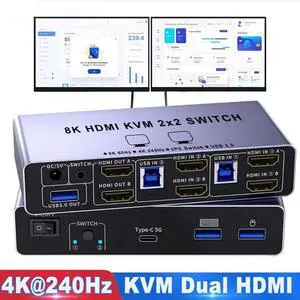 IHDAPP 8K@60Hz HDMI KVM Switch 2 Monitors 2 Computers, Dual Monitor KVM Switches with 4 USB Ports (3 USB-A+1 USB-C) for 2 Computers Sharing 2 Monitors Keyboard Mouse with Power Adapter & Controller IHDAPP 8K@60Hz HDMI KVM Switch 2 Monitors 2 Computers, Dual Monitor KVM Switches with 4 USB Ports (3 USB-A+1 USB-C) for 2 Computers Sharing 2 Monitors Keyboard Mouse with Power Adapter & Controller