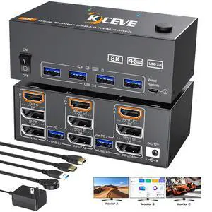 IHDAPP 8K@60Hz 1 HDMI 2.1 + 2 Displayport KVM Switch 3 Monitors 2 Computers 4K@144Hz Triple Monitor KVM Switches for 2 Computers Share 3 Monitors and 4 USB 3.0 Device, with Wired Remote, USB Cable IHDAPP 8K@60Hz 1 HDMI 2.1 + 2 Displayport KVM Switch 3 Monitors 2 Computers 4K@144Hz Triple Monitor KVM Switches for 2 Computers Share 3 Monitors and 4 USB 3.0 Device, with Wired Remote, USB Cable