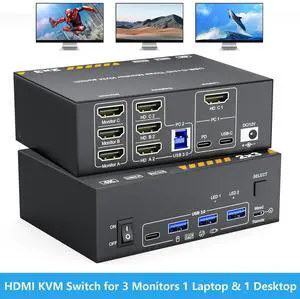 IHDAPP HDMI KVM Switch for 1 Laptop & 1 Desktop Share 3 Monitors, 4K HDMI USB Switch, 3 Monitors KVM Switches for 1 Laptop & 1 Desktop PC Share Monitor with 3 USB 3.0 Ports, Keyboard, Mouse & Printer IHDAPP HDMI KVM Switch for 1 Laptop & 1 Desktop Share 3 Monitors, 4K HDMI USB Switch, 3 Monitors KVM Switches for 1 Laptop & 1 Desktop PC Share Monitor with 3 USB 3.0 Ports, Keyboard, Mouse & Printer