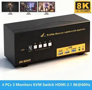 IHDAPP USB 3.0 Triple Display HDMI KVM Switch, HDMI 2.1 8K@60Hz 4K@120Hz Triple Monitor KVM Switch for 3 Monitors 4 Computers, Supports EDID Emulation, Hotkey, Audio and Mic, with All Input Cables IHDAPP USB 3.0 Triple Display HDMI KVM Switch, HDMI 2.1 8K@60Hz 4K@120Hz Triple Monitor KVM Switch for 3 Monitors 4 Computers, Supports EDID Emulation, Hotkey, Audio and Mic, with All Input Cables