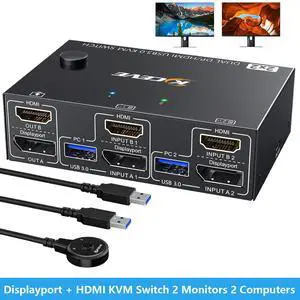 IHDAPP Displayport + HDMI KVM Switch 2 Monitors 2 Computers 4K@60Hz, Dual Monitor KVM Switch for 2 PCs Share 2 Monitors and 4 USB3.0 Ports for Keyboard Mouse Printer. with Wired Remote and USB Cables IHDAPP Displayport + HDMI KVM Switch 2 Monitors 2 Computers 4K@60Hz, Dual Monitor KVM Switch for 2 PCs Share 2 Monitors and 4 USB3.0 Ports for Keyboard Mouse Printer. with Wired Remote and USB Cables