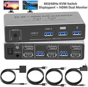IHDAPP HDMI + DisplayPort KVM Switch 2 PCs 2 Monitors, 8K DP HDMI KVM USB Switch Keyboard Mouse Switch with 4 USB 3.0 Ports for 2 PCs Sharing 2 Monitors, Supports 8K@60Hz 4K@120Hz, with Wired Remote IHDAPP HDMI + DisplayPort KVM Switch 2 PCs 2 Monitors, 8K DP HDMI KVM USB Switch Keyboard Mouse Switch with 4 USB 3.0 Ports for 2 PCs Sharing 2 Monitors, Supports 8K@60Hz 4K@120Hz, with Wired Remote
