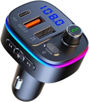 Bluetooth 5.0 FM Transmitter for Car, QC3.0+Type-C PD 20W Car Charger, Wireless FM Radio Bass Sound Music Player, Car Kit with Hands-Free Calls, Support U Disk,7 Colors LED Backlit