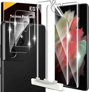 EGV [2+2 Pack] Compatible for Samsung Galaxy S21 Ultra 5G 6.8-inch, Flexible TPU Screen Protector and Glass Camera Lens Protector[Support Fingerprint Reader] [Easy Installation] Case Friendly