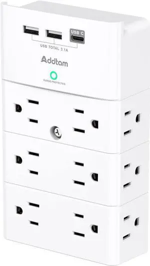 Multi Plug Outlet - Surge Protector Wall Mount with 12 Outlet Extender- 3 Sides and 3 USB Ports (1 USB-C) Outlet Splitter Power Strip for Home Office Hotel White