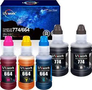 Uniwork Compatible Refill Ink Bottle Replacement  774 664 T774 T664 for ET-2650 ET-2550 ET-16500 ET-4500 ET-4550 ET-3600 ET-2600 ET-4550 Printer Tray (Black, Cyan, Magenta, Yellow, 5Pack)