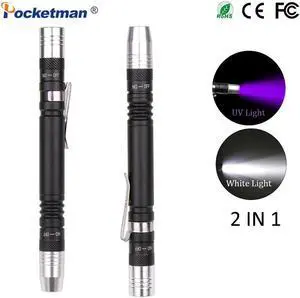 Pen UV Flashlight 2 in 1 Multifunctional 395nm Ultra Violet Torch White Purple Pen Light Detector Torch for Test