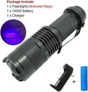 LED UV Flashlight Mini Q5 Money Detector Torch Waterproof Zoomable Ultraviolet Lanterna Lamp + 14500 Battery + Charger