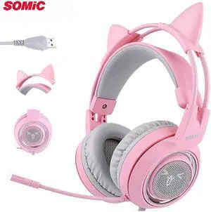 G951 Pink Lovely Cat Girl 7.1 virtual Gaming Headphones LED Headset Vibration USB headphone for Computer PC Laptop
