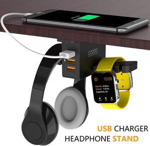 Headphone Stand with USB Charger COZOO Under Desk Headset Holder Mount with 3 Port USB Charging Station and iWatch Stand Smart Watch Charging Dock Dual Earphone Hanger Hook,UL Tested