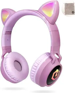 PowerLocus Kids Cat Ear Headphones, Bluetooth 5.3 Wireless, LED Lights, Safe Volume Limit, Micro SD/TF, for iPad, Tablet, Travel (Pink)