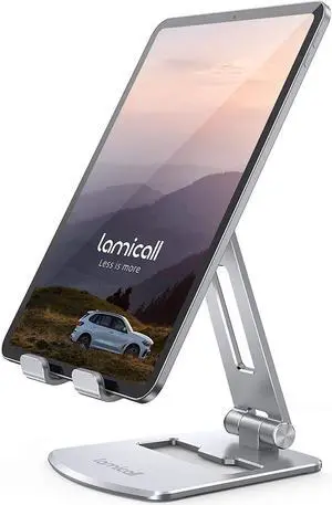Lamicall Adjustable Tablet Stand Holder - Foldable Tablet Dock, 360 Degree Rotating Desktop Tablet Mount, Compatible with iPad Pro 11 / 12.9, Mini, Air, Tabs, Kindle and 4.7" - 13" Tablet - Silver