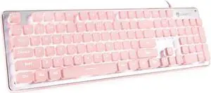 LANGTU Computer Keyboard, Backlit LED Pink for Office, All-Metal Panel USB Wired Membrane, 25 Keys Anti-ghosting, 104 Keys Laptop Compatible