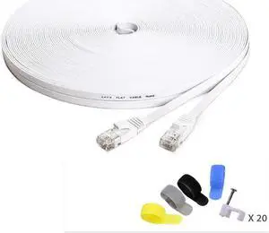 Cat 6 Ethernet Cable 150 ft White (at a Cat5e Price but Higher Bandwidth) Cat6 Flat Internet Network Cable - Computer LAN Cable + Free Cable Clips and Straps