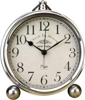 JUSTUP Vintage Table Clock, Iron European Style Desk Clock Battery Operated Non-Ticking Mantle Clock for Home Decor (Silver)