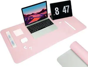 KELIFANG Mouse Pad, Office and Gaming Desk Mat, Portable Large PU Leather Premium Textured Computer Desk Pad, Waterproof and Non-Slip, Double Side Desk Protector (31.5”x15.7”, Pink/Sliver)