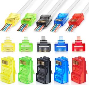EMS RJ45 Cat6 Pass Through Connectors, Assorted Colors - Pack of 50 | EZ to Crimp Modular Plug for Solid or Stranded UTP Network Cable