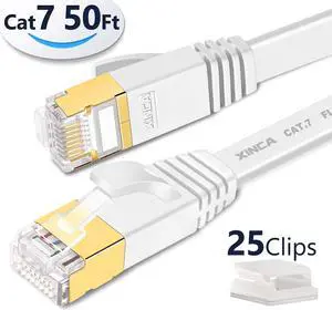 Cat 7 Flat Ethernet Cable 50ft White,High Speed 10GB Shielded (STP) LAN Internet Network Cable-XINCA Ethernet Patch Computer Cable with Snagless Rj45 Connectors - 50 feet White (15.2 Meters)