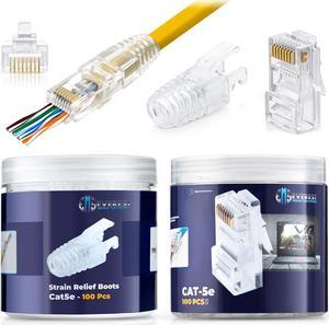 Everest Media Solutions RJ45 Cat5e Pass Through Connectors and Strain Relief Boots - Pack of 100/100 | EZ to Crimp Modular Plug for Solid or Stranded UTP Network Cable