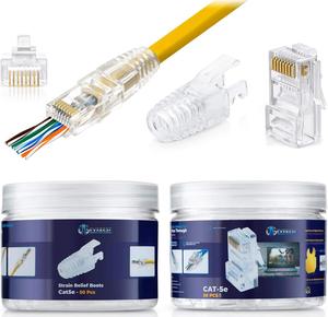 Everest Media Solutions RJ45 Cat5e Pass Through Connectors and Strain Relief Boots - Pack of 50/50 | EZ to Crimp Modular Plug for Solid or Stranded UTP Network Cable