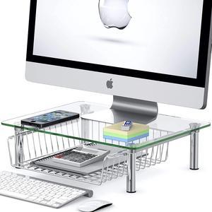 SimpleHouseware Clear Glass Computer Monitor Stand Riser Desktop Organizer with Drawer Storage