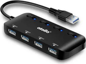 USB 3.0 Hub Splitter - USB Extender 4 Port USB Ultra Slim Data Hub with Individual Power Switch and LED