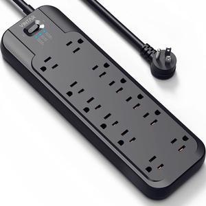 VINTAR Power Strip Surge Protector (2 × 4800 Joules) with 12 AC Outlets,1875W Output, 6ft Long Extension Cord Flat Plug with Dual Surge Protection for Office, Home, ETL Listed, Black