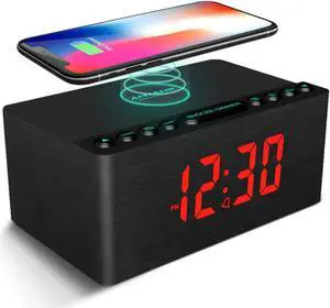 ANJANK Wooden Digital Alarm Clock FM Radio,Qi Certified Fast Wireless Charger Station for iPhone/Samsung,Dimmable LED Display,USB Charging Port,Sleep Timer,Wood Modern Clock for Bedroom Bedside(Black)
