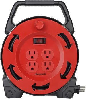 DEWENWILS Extension Cord Reel with 30 FT Power Cord, Hand Wind Retractable, 16/3 AWG SJTW, 4 Grounded Outlets, 13 Amp Circuit Breaker, Red Black, UL Listed