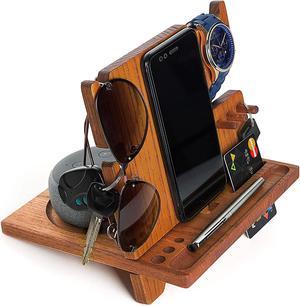 Wooden Phone Docking Station Desk Organizer Night Stand for iPhone Watch Sunglasses Keys Top Mens Anniversary Christmas for Dad Husband Men Him Fathers Day Present Bed Side Valet Tray