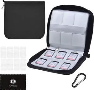 CamKix Memory Card Case - Fits up to 88x SD, SDHC, Micro SD, Mini SD and 4X CF - Holder with 88 Slots (8 Pages) - for Storage and Travel - Microfiber Cleaning Cloth, Carabiner and Labels Included CamKix Memory Card Case - Fits up to 88x SD, SDHC, Micro SD, Mini SD and 4X CF - Holder with 88 Slots (8 Pages) - for Storage and Travel - Microfiber Cleaning Cloth, Carabiner and Labels Included