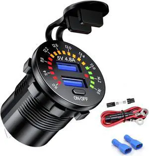 iMESTOU Car Charger Dual USB 4.8A Waterproof with LED Digital Voltemeter & Switch ON/Off for 12V/24V Marine, Boat, Motorcycle, Golf Cart, Truck and More