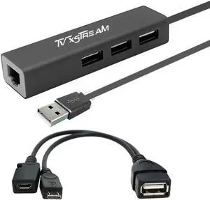 LAN Ethernet Adapter with 3 USB Port Hub with OTG USB Power Included for TV Streaming Devices FIRESTICKS, 2nd Gen, 3rd Gen 4K firestick, Expand Storage and More