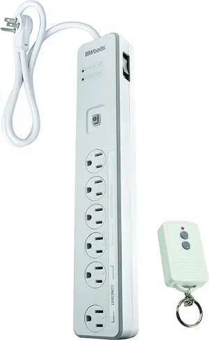 Woods 41715 Energy Saving Surge Protector Power Strip with 80 Foot Range Remote Control Outlets; 1080J of Protectio; 5 Foot Cord ; White