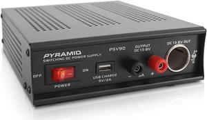 Pyramid Universal Compact Bench Power Supply - 9 Amp Regulated Home Lab Benchtop AC-DC Converter Power Supply for CB Radio, HAM w/ 13.8 Volt DC 115/230V AC Switchable, USB, Cigarette Lighter - PSV90
