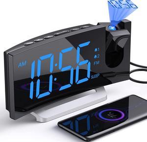 Alarm Clocks for Bedrooms, Multifunctional Clock with FM Radio & Projection, 0-100% Dimmer & Radio Volume, Curved Screen, Dual Alarms, USB Charger, Crystal LED Display, 5 Alarm Sounds, Non-slip Base