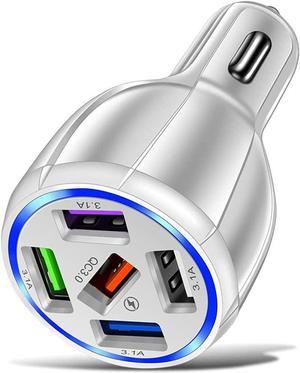 White 5-Port USB Car Charger, QC3.0 Fast Charging 5 USB Car Charger Adapter 15A Smart Shunt Car Phone Charger with Light, Suitable for iPhone & Android,Samsung Galaxy S10 S9 Plus(Box, White)