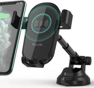 Quntis 10W Wireless Car Charger, Press-Lock Qi Fast Charging Car Phone Mount with Long Arm and Strong Suction Cup, Dashboard Windshield Wireless Charger Car Phone Holder, Compatible with iPhone 11 Xs