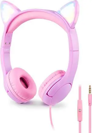 PINGKO Kids Headphones: Toddler Headphones with Microphone - Cat Ear Headphones for Girls Boys, LED Light 3.5mm Jack, 85db Volume, Music Sharing Stereo Earphones for iPad | School | Travel (Purple)