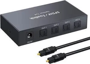 LiNKFOR Digital Optical Audio 1x4 Splitter Digital SPDIF Toslink Optical Fiber Audio Splitter 1 in 4 Out Aluminum Alloy with Optical Cable Support LPCM2.0/DTS/Dolby for PS3 Blue-Ray DVD HDTV