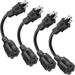 Kasonic 8 inch Short Power Extension Cord Outlet Saver, ETL Listed, SJTW 16AWG/13A 3 Prong Indoor/Outdoor Use, 4 Pack, Black