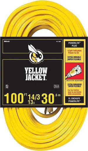 Yellow Jacket 2888 UL Listed 14/3 13 Amp Premium SJTW 100' (30.5M) Extension Cord with Grounded (3 prong) Lighted Receptacle End, 100 Foot, Yellow