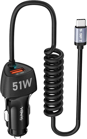 USB C Fast Car Charger 51W Dual Ports, Built-in 5.9FT Type C Phone Charger Cable, USB-C Port Charger with PPS 33W/PD 30W/&QC 18W, Compatible with Samsung Galaxy S22/S21/A12/A20/A51/Note22 USB C Fast Car Charger 51W Dual Ports, Built-in 5.9FT Type C Phone Charger Cable, USB-C Port Charger with PPS 33W/PD 30W/&QC 18W, Compatible with Samsung Galaxy S22/S21/A12/A20/A51/Note22